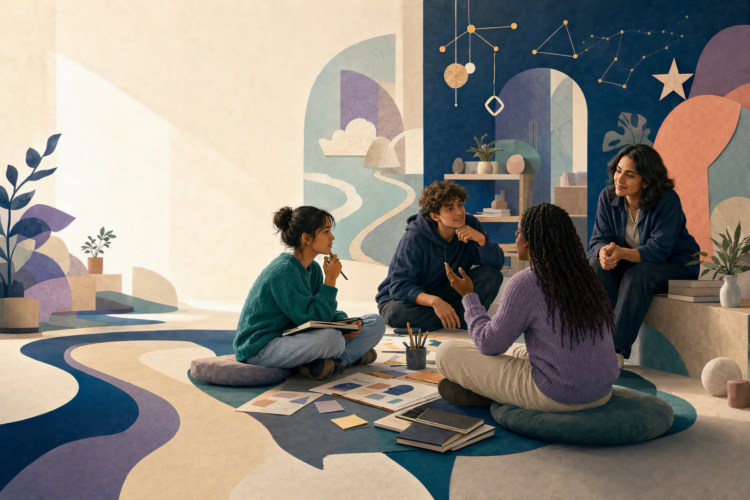 Students reflect on interests and next steps in a welcoming learning space with a guide.